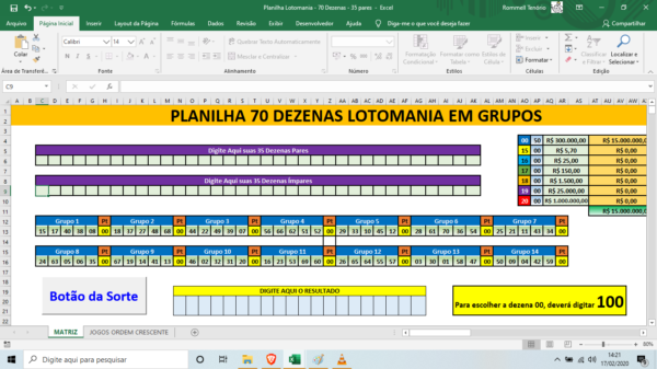 Planilha da Lotomania - Jogando com 35 pares e 35 ímpares - 50 Jogo