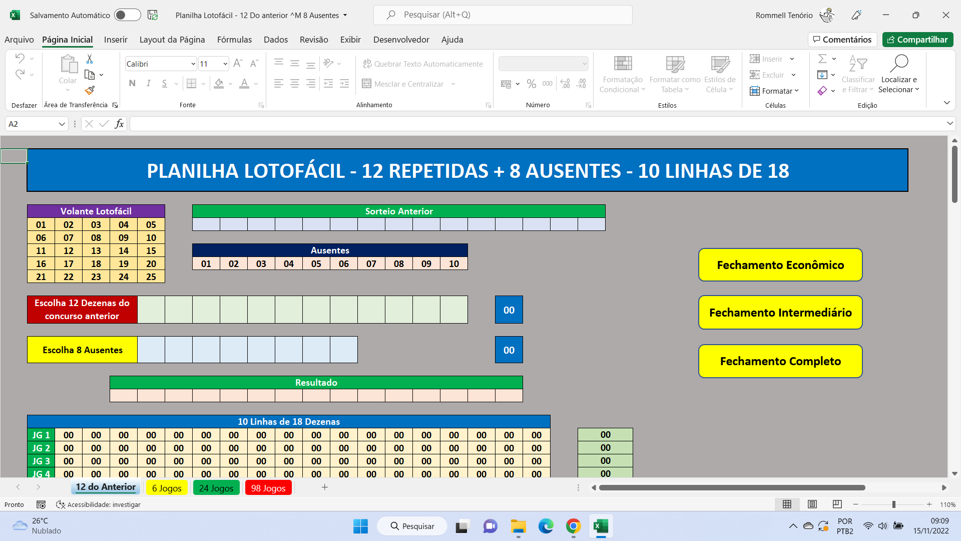 Planilha Lotofácil - 12 Repetidas + 8 Ausentes