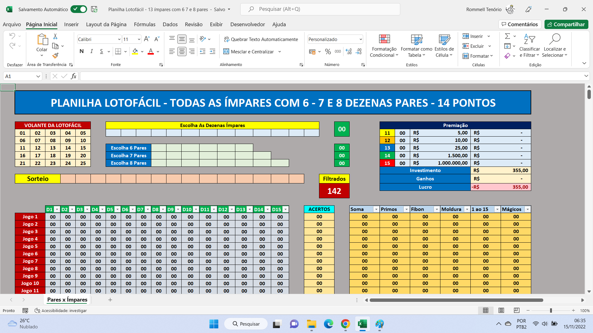 Planilha Lotofácil - Todas as Ímpares