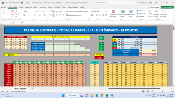 Planilha Lotofácil - Todas as Pares
