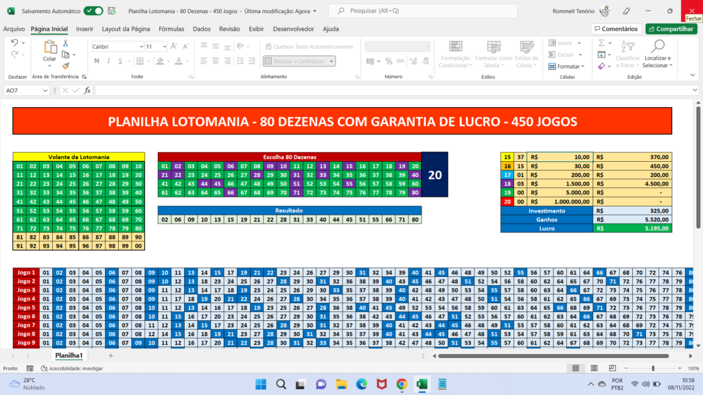 Planilha Lotomania - 80 Dezenas em 450 Jogos - Planilhas Lotéricas 10