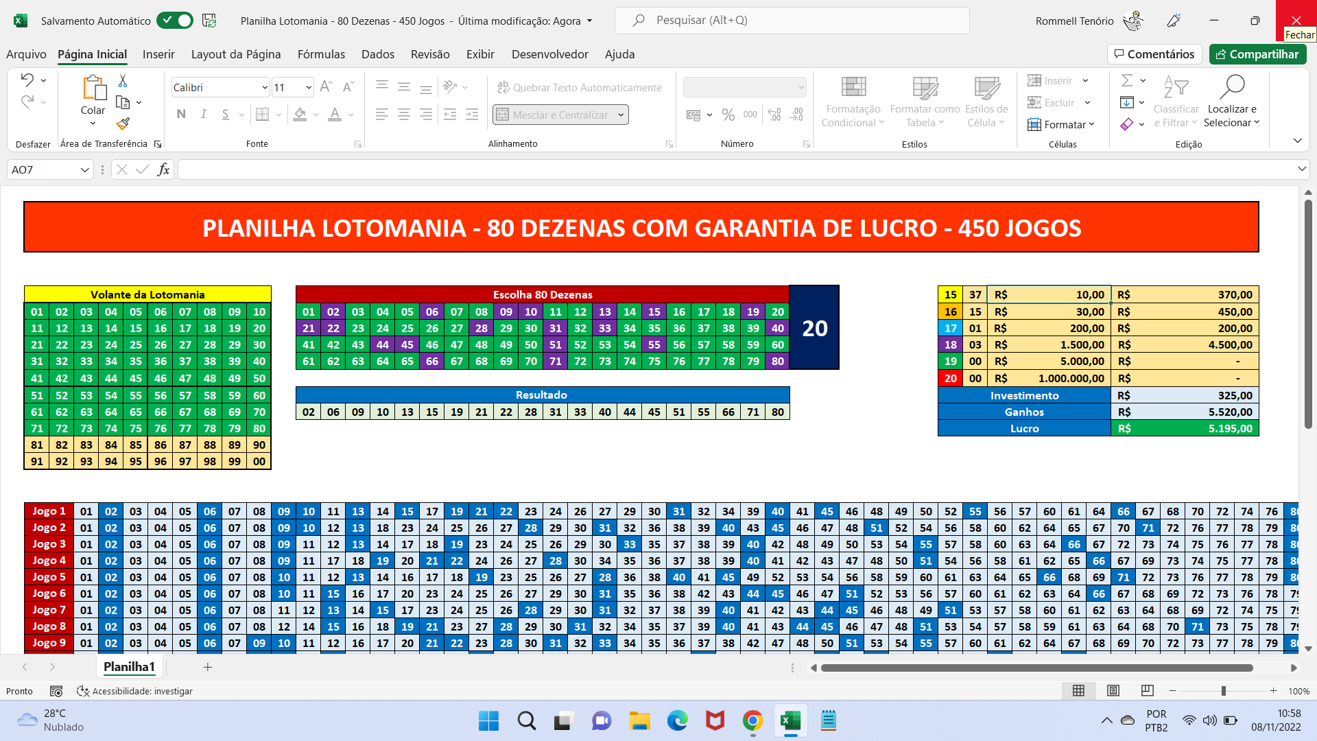 Planilha Lotomania Redução 100 para 80 80 para 60 Planilhas