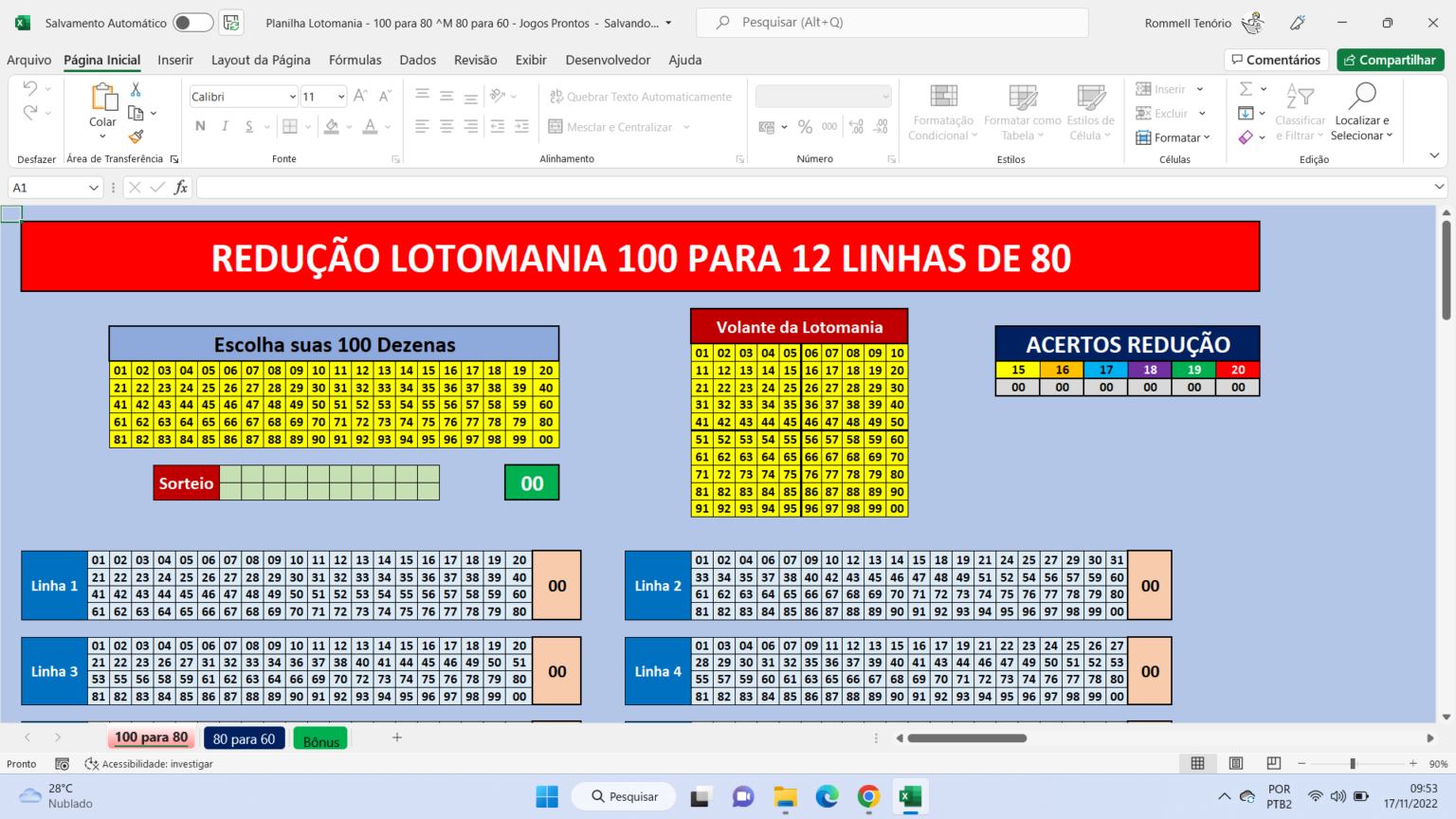 Planilha Lotomania Redução 100 para 80 80 para 60 Planilhas