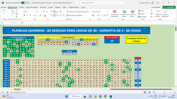 Planilha Quininha - 60 Dezenas com garantia de quina