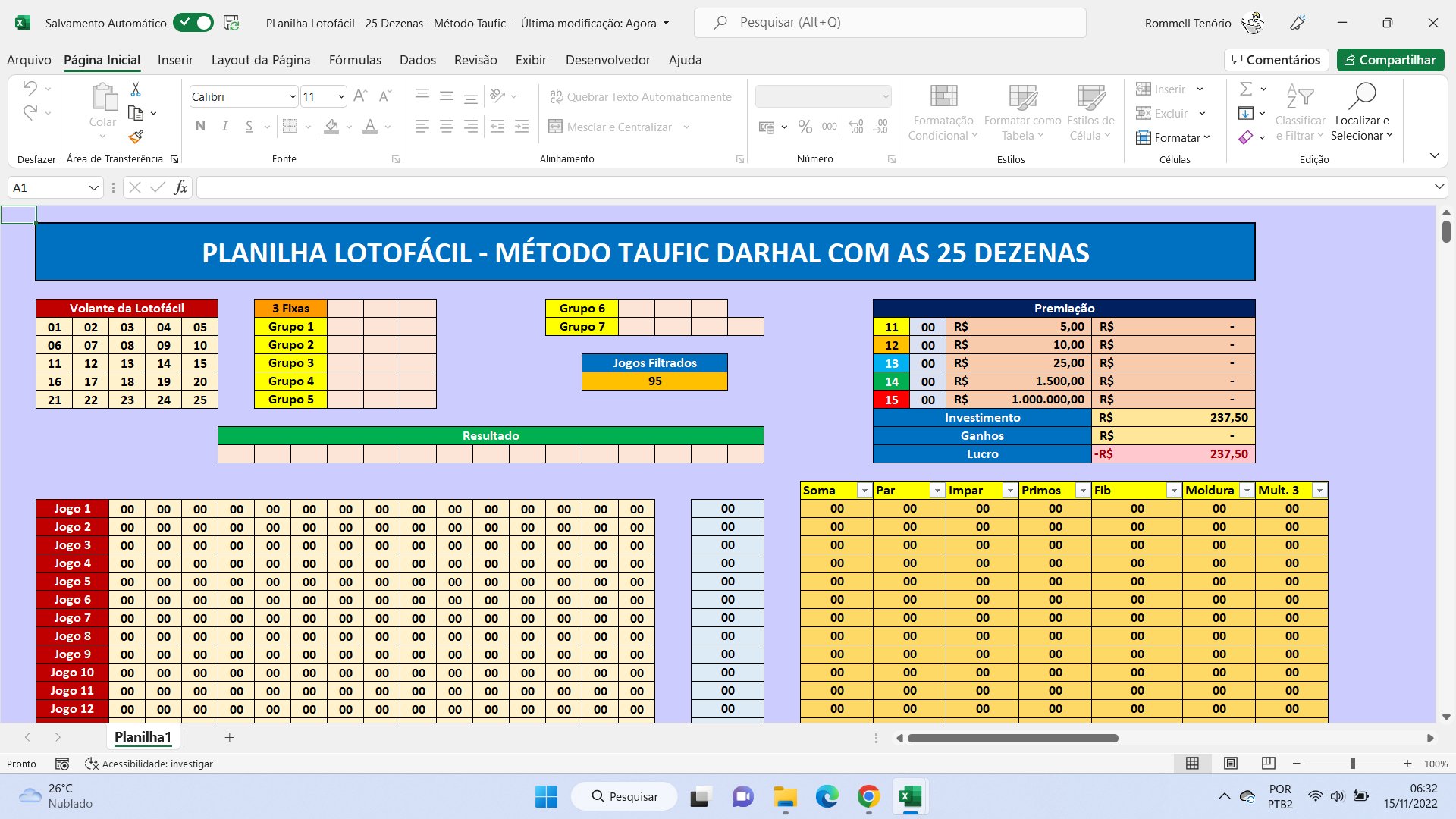 Planilha Lotofácil Taufic Darhal para a Lotofácil Planilhas