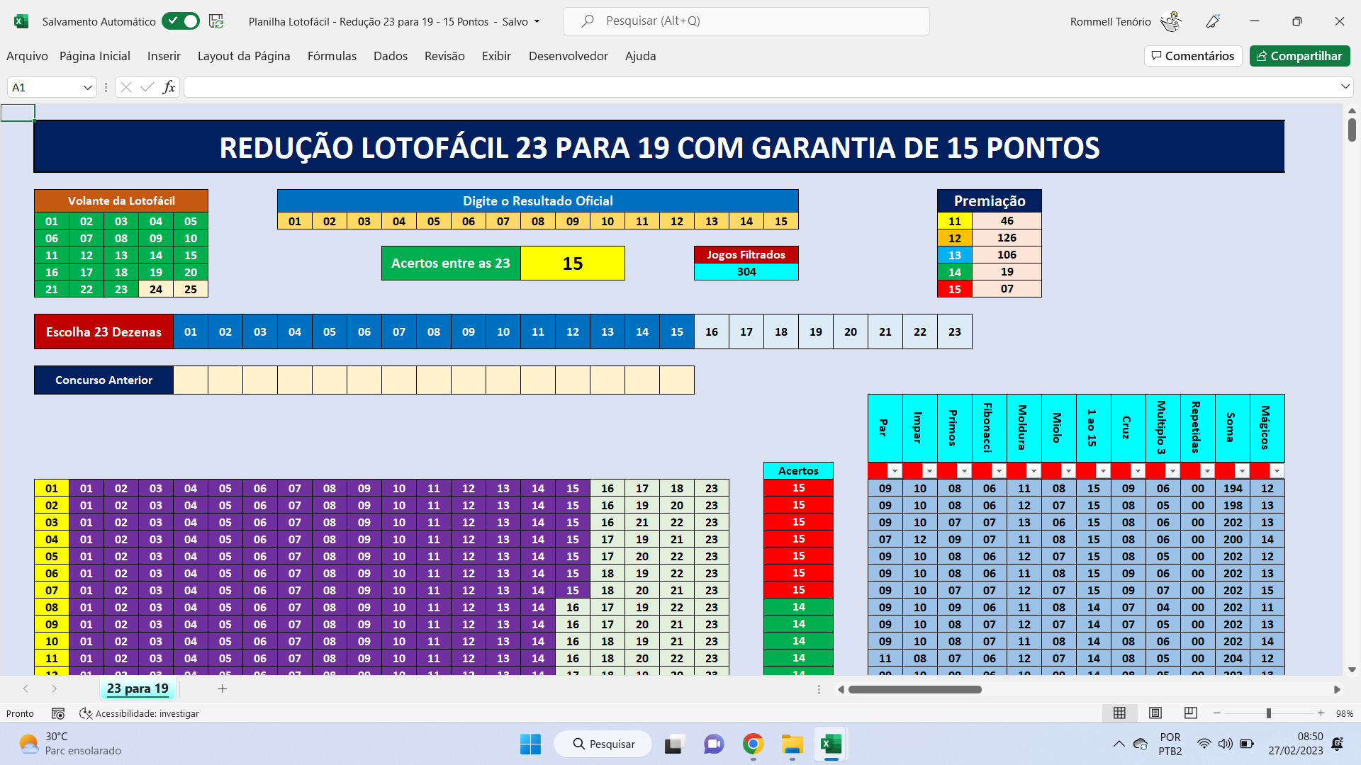 Planilha Lotinha Redução 23 para 19 Garantia de 15 Pontos