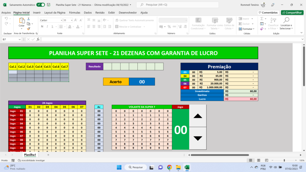 Planilha Super Sete Jogue 3 Números por Coluna Planilhas