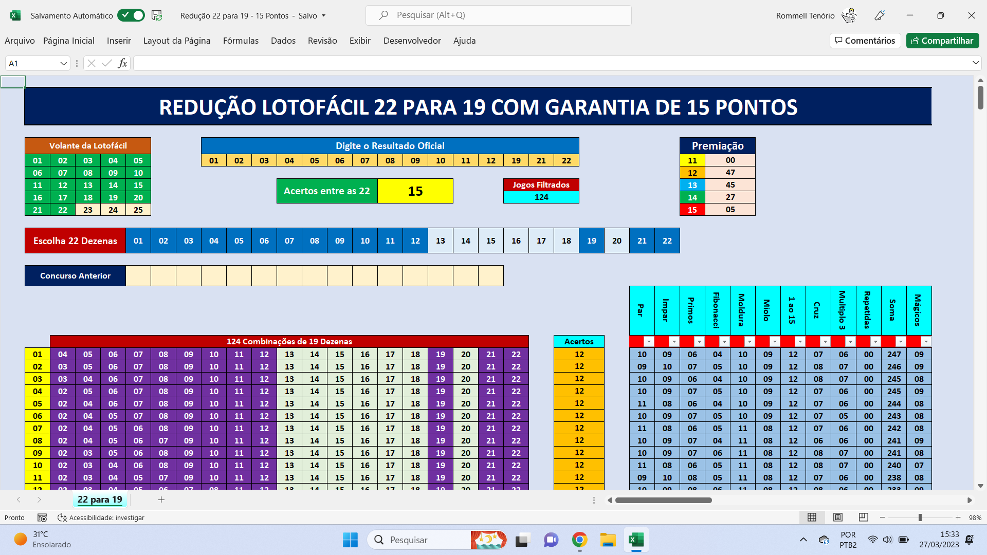 Redução Lotofácil - 22 para 19 - 15 Pontos