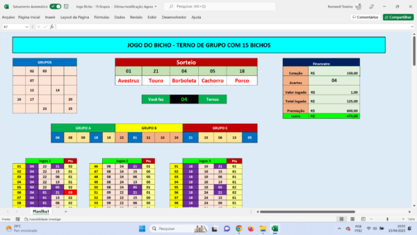 Planilha Jogo do Bicho - Terno de Grupo 15 Bichos