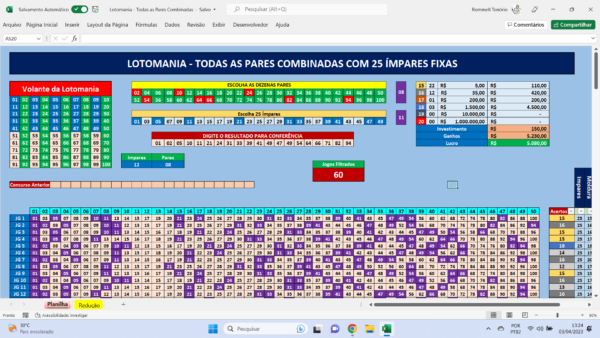 Planilha Lotomania - Todas as Dezenas Pares Combinadas