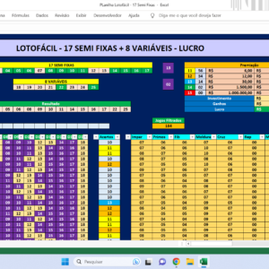 Planilha Lotofácil com 17 Semi Fixas e 8 Variáveis