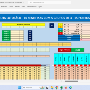 Planilha Lotofácil – 25 Dezenas com 10 Semi Fixas