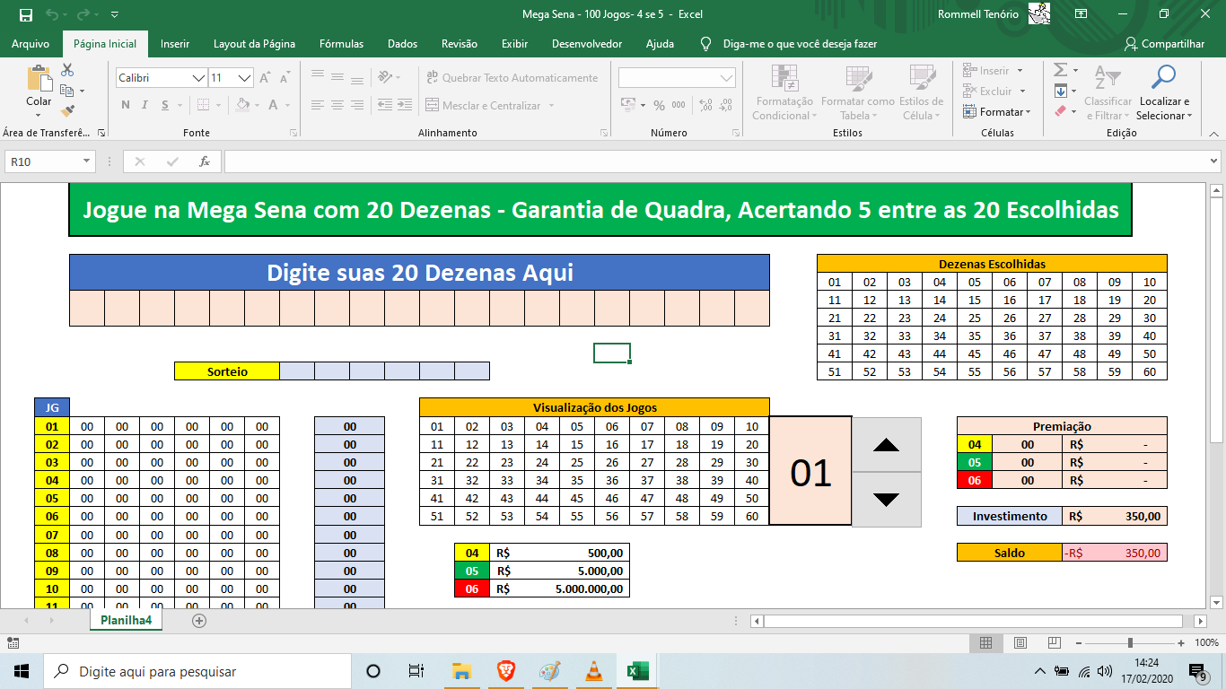 Planilha Mega Sena 20 dezenas em 12 jogos de 9 números - Lotocerta