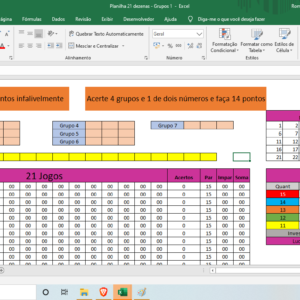 Planilha Lotofácil – Jogando com 21 Dezenas em 7 grupos de três – 15 Pontos