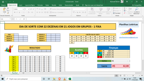 Planilha dia desorte com 22 dezenas