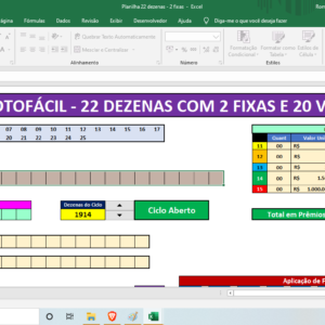 Planilha Lotofácil – 22 Dezenas com 2 Fixas – Filtros Avançados