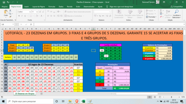 Planilha Lotofácil - 23 Dezenas com 3 Fixas 3 5 grupos de 4 - 15 Pontos