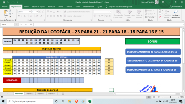 Planilha Lotofácil - Redução 23 Dezenas para 21 - 21 para 18 - Jogos Prontos