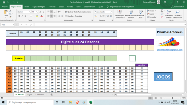 Planilha Lotofácil - Redução 24 para 20 - Jogos Prontos