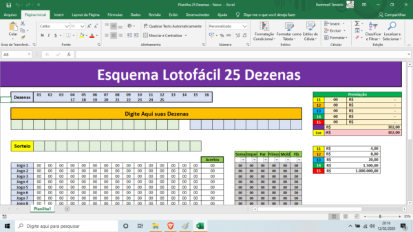 Planilha Lotofácil - Jogando com as 25 Dezenas - Esquema Novo