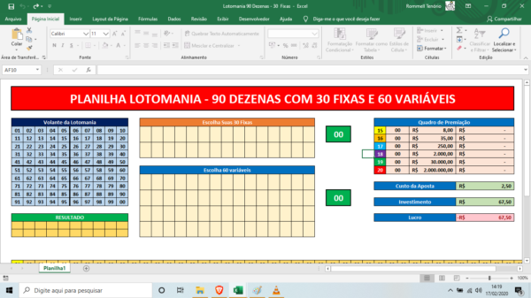 Planilha Lotomania - Jogando com 90 Dezenas e 30 Fixas