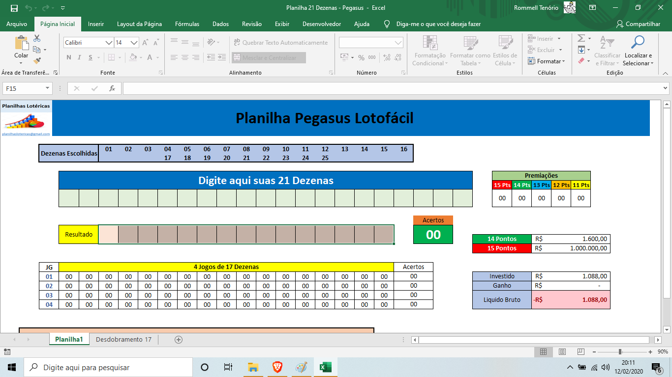 Planilha Lotofácil 20 dezenas em 4 jogos - Garantia de 12 Pontos - Grátis -  Lotocerta