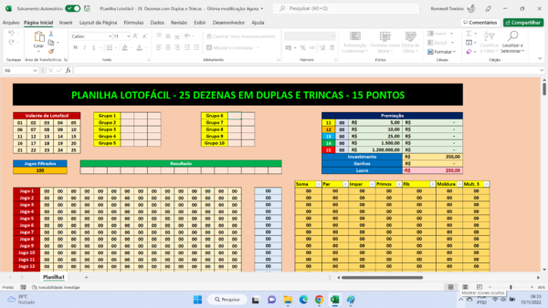 Planilha Lotofácil - Duplas e Trincas