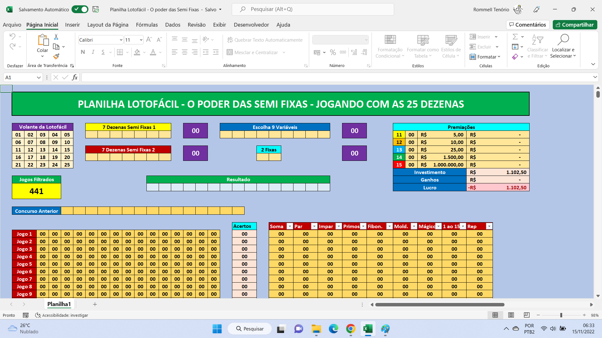 Planilha Lotofácil com semi fixas - Planilhas Lotéricas 10