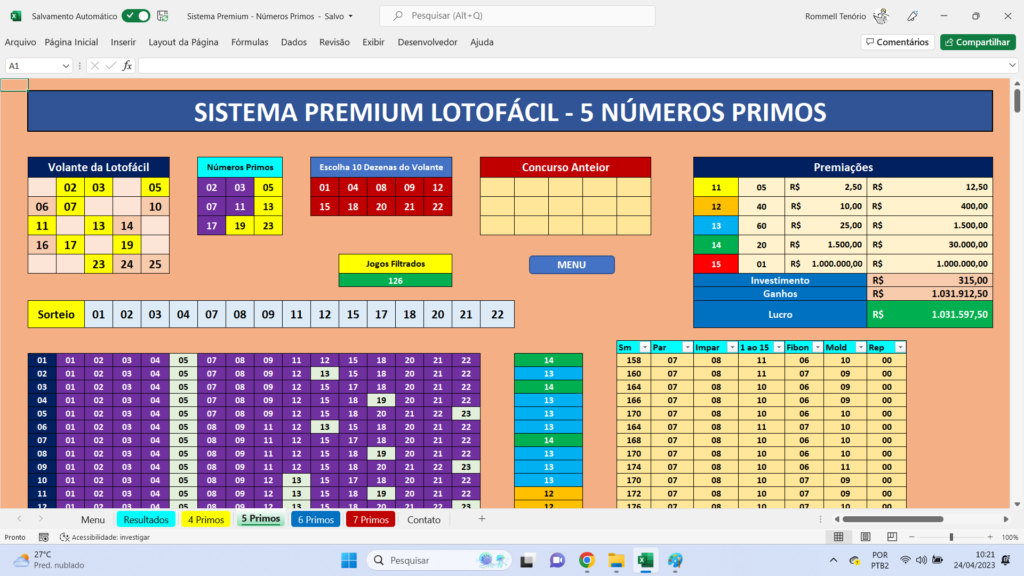 Planilha Lotofácil - 5 Primos