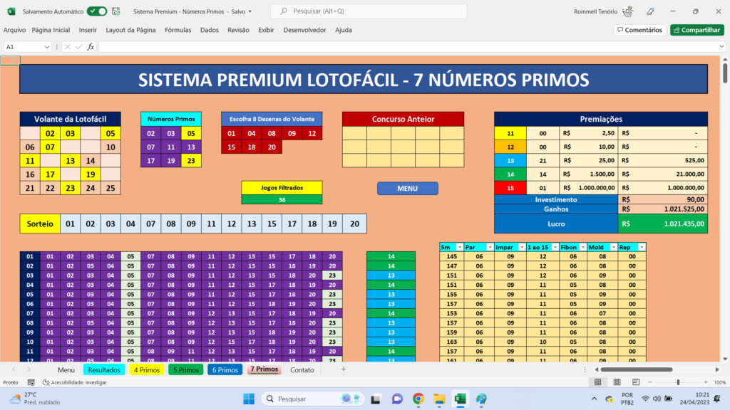 Planilha Lotofácil - 7 Primos