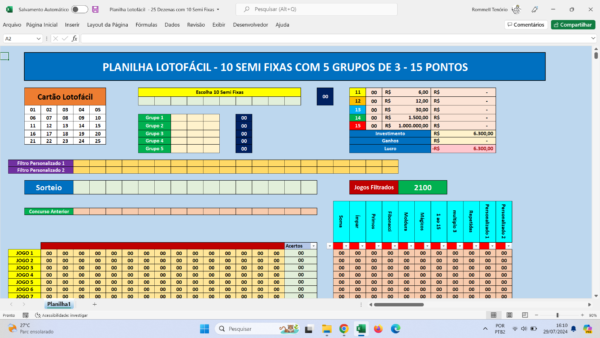 Planilha Lotofácil - 25 Dezenas com 10 Semi Fixas - Image 2