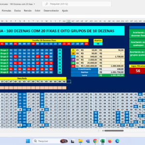 Planilha Lotomania 100 Dezenas com 20 Fixas