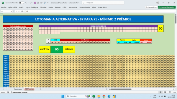 Planilha Lotomania Alternativa 75 Dezenas