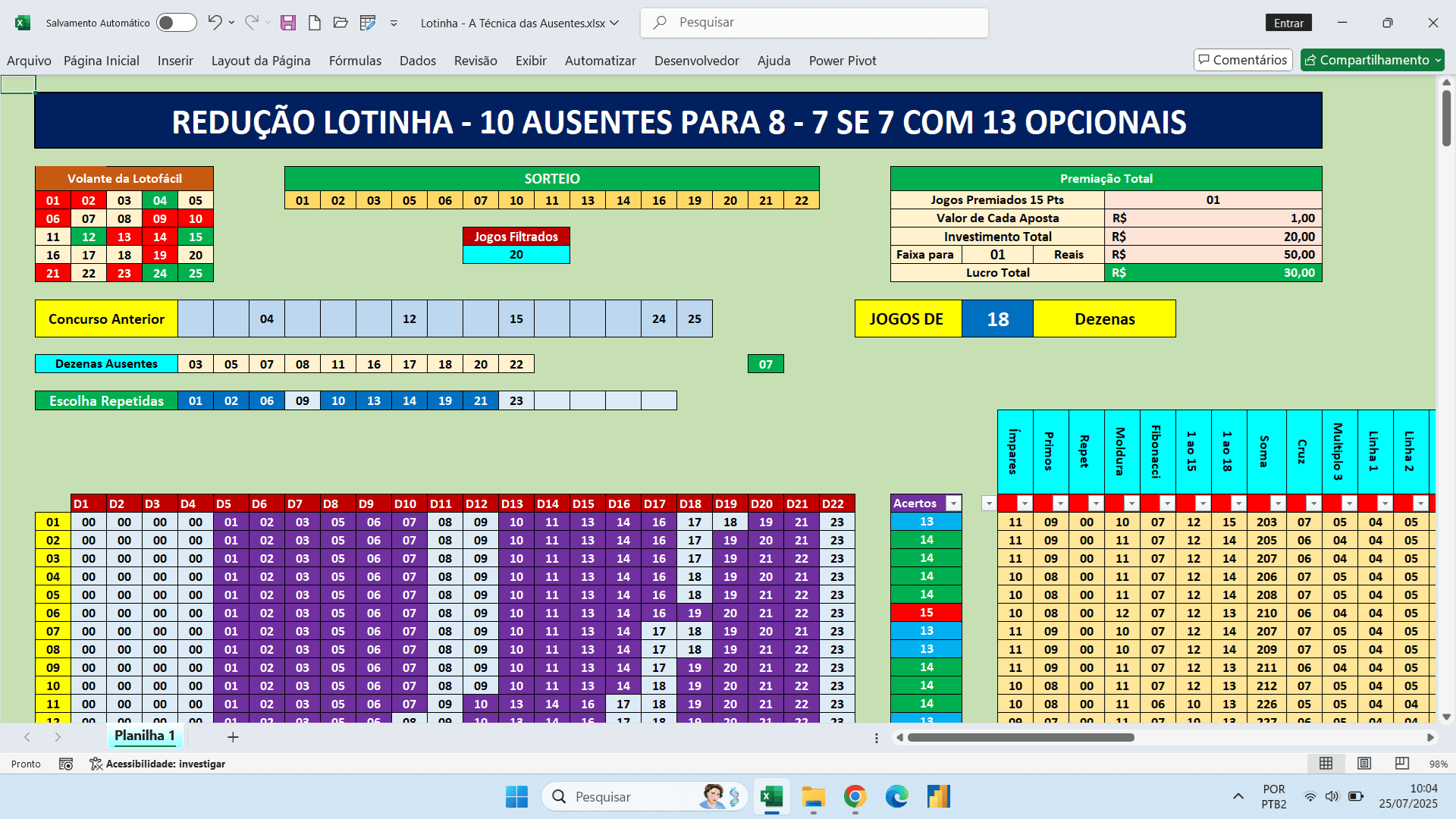 Planilha Lotinha com 18 Dezenas