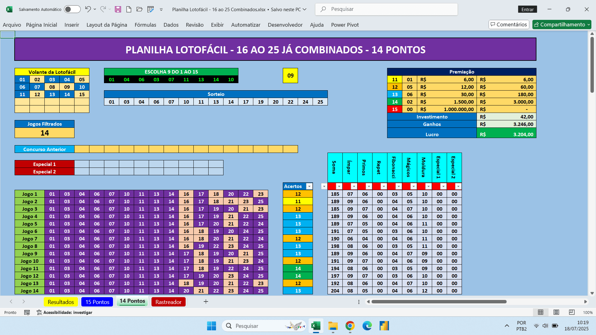 Planilha Lotofácil 15 Pontos