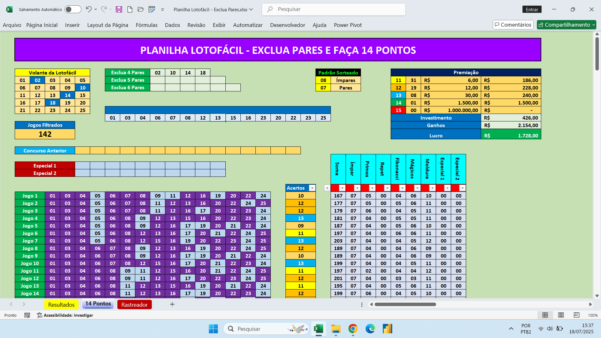 Planilha Lotofácil com Ímpares Combinadas