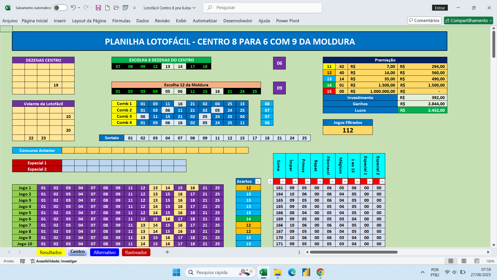 Planilha Lotofácil Centro e Moldura